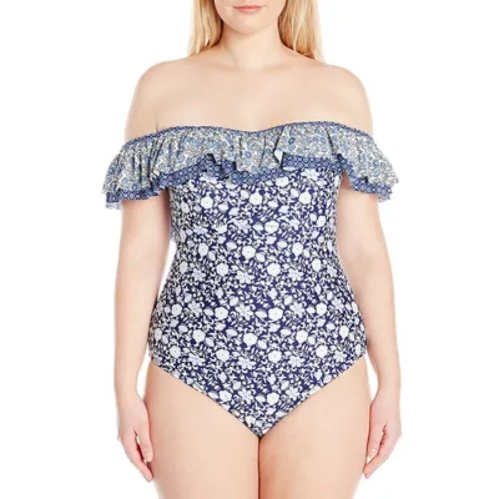 JESSICA SIMPSON Printed Off-The-Shoulder  One Piece Swimsuit - Size 1X - NWT